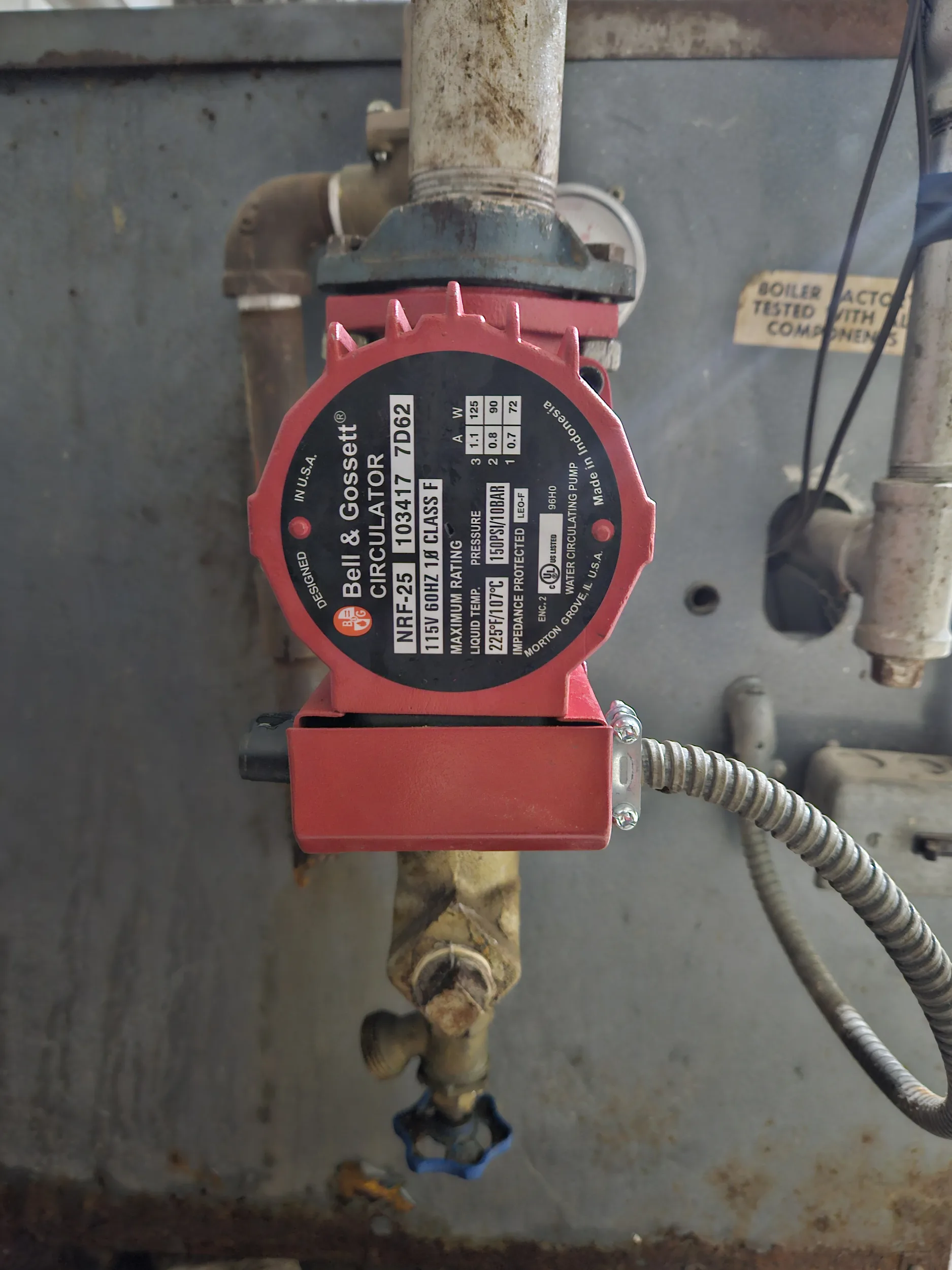 Bell & Gossett circulator pump mounted on a water boiler, circulator replacement in Cincinnati, OH.
